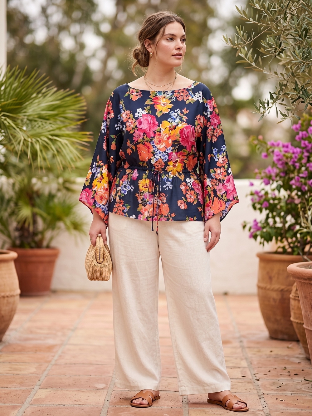 Chaps Satin Floral Kimono Sleeve Drawstring Blouse Resortwear Tropical Boho